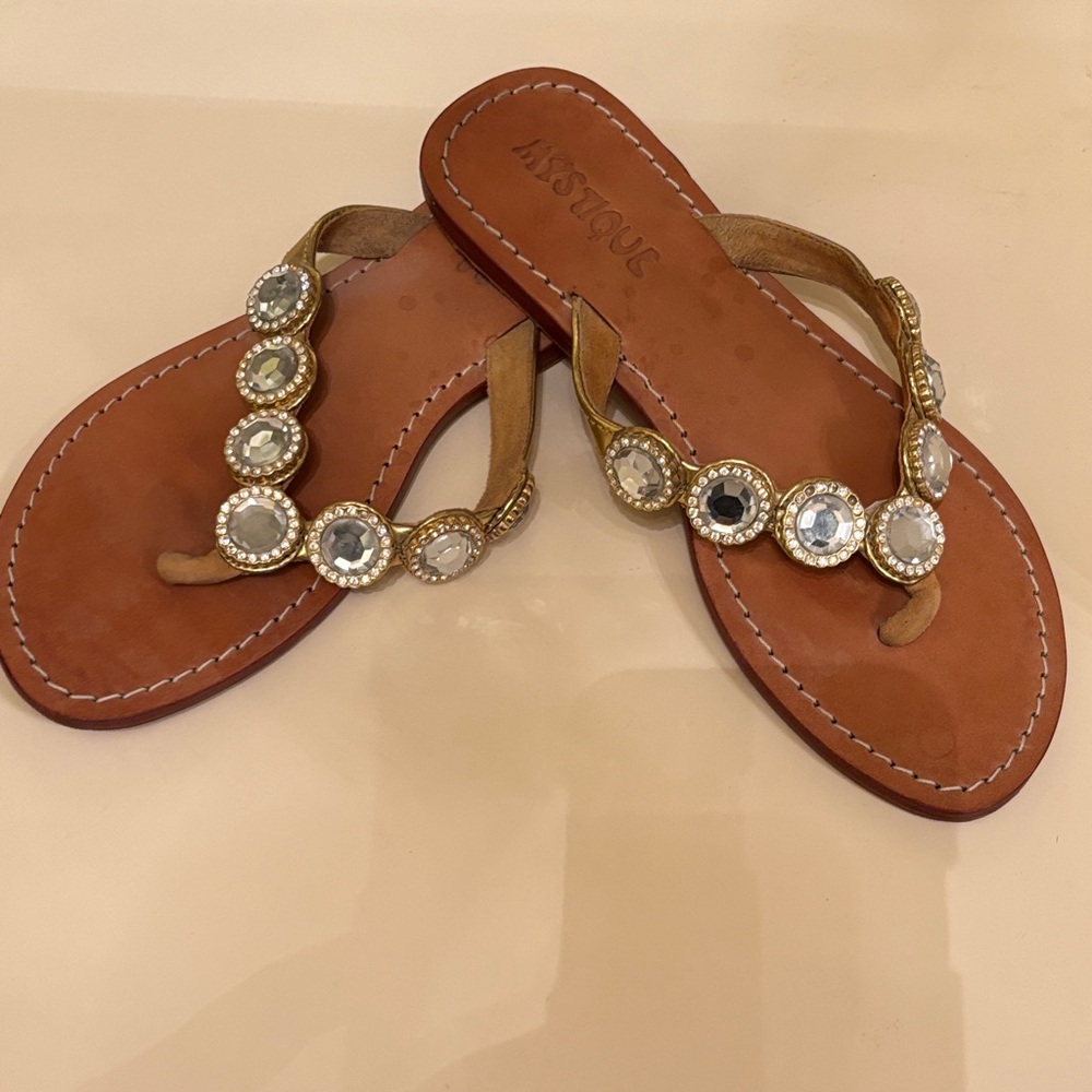 Mystique Boutique Tan Sandals with Crystal Embellishments